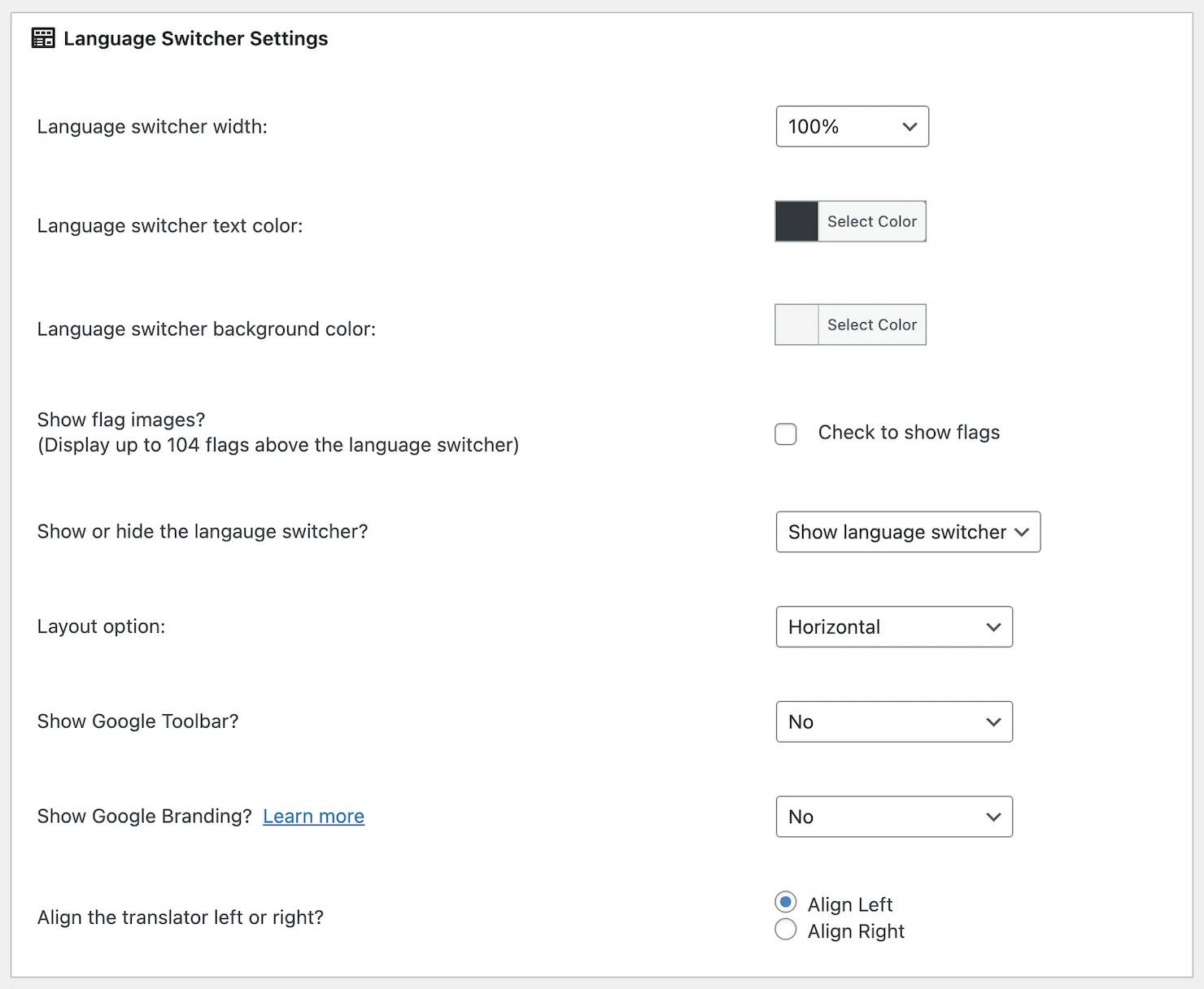 Full list of Language Switcher Settings – Google Language Translator (WordPress Plugin)