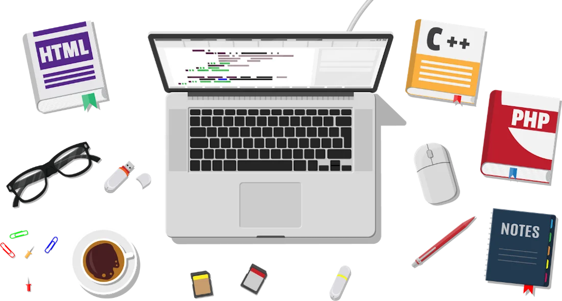 a laptop and web design coding books
