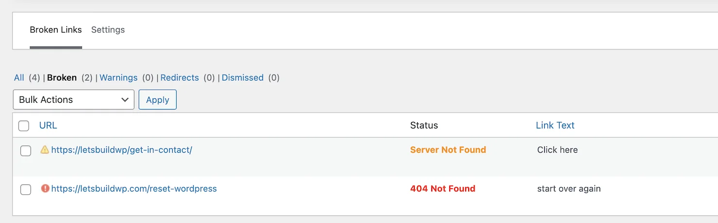 List of Broken Links on WordPress using Broken Link Checker Plugin